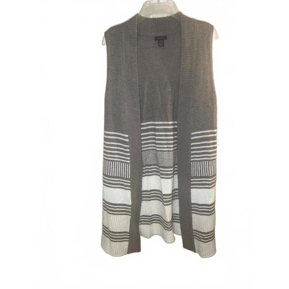 Only Mine Taupe White Striped 100% Cashmere Open Front Cardigan Vest Size Small